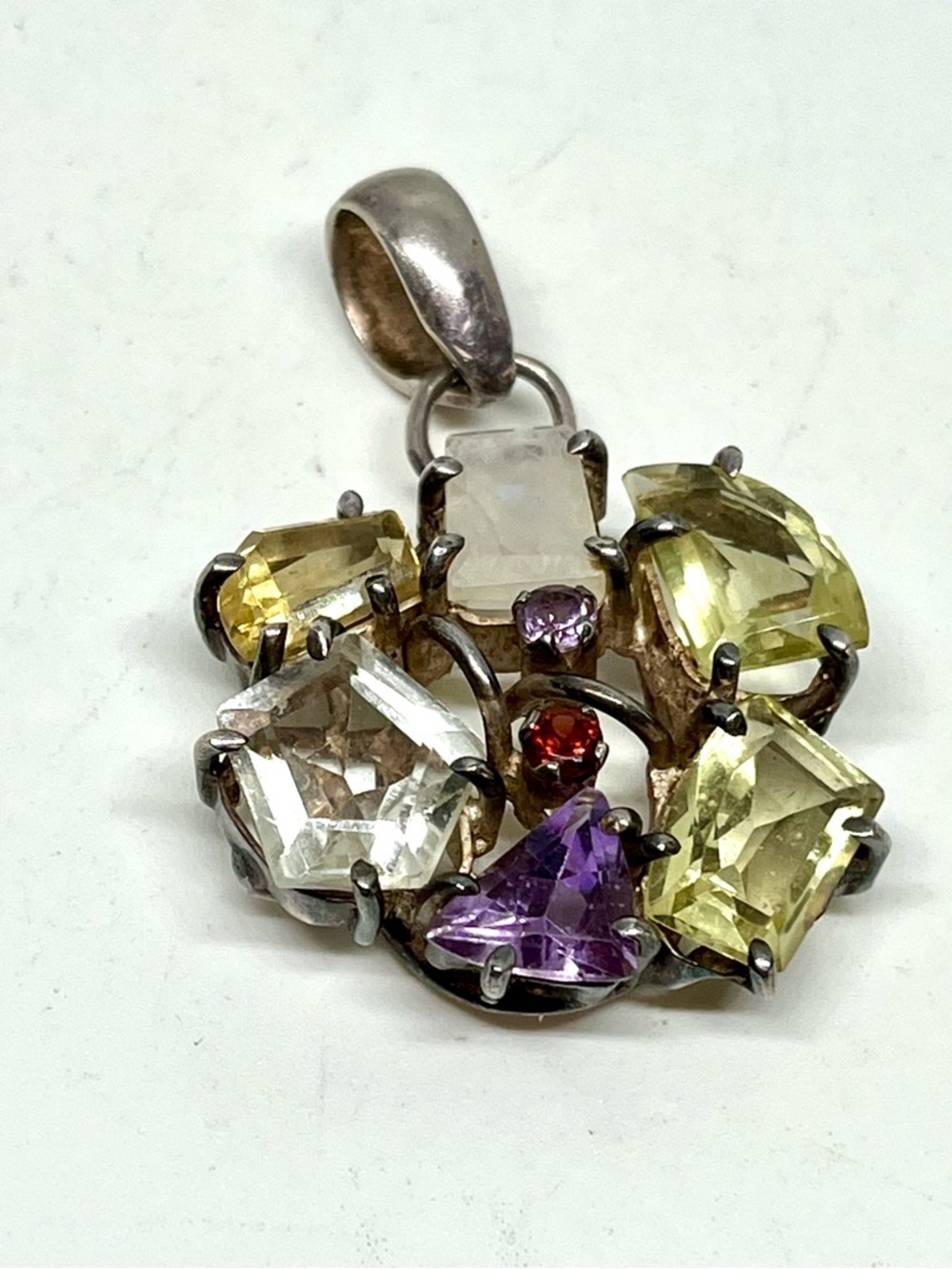 Multi-Gem Silver Pendant Necklace Charm - Yellow, Purple, Clear, Red